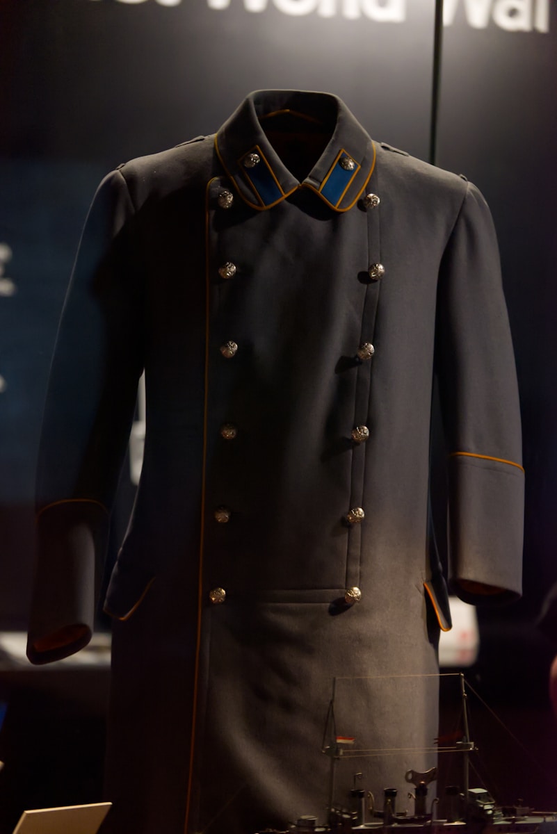 A vintage military uniform is on display.